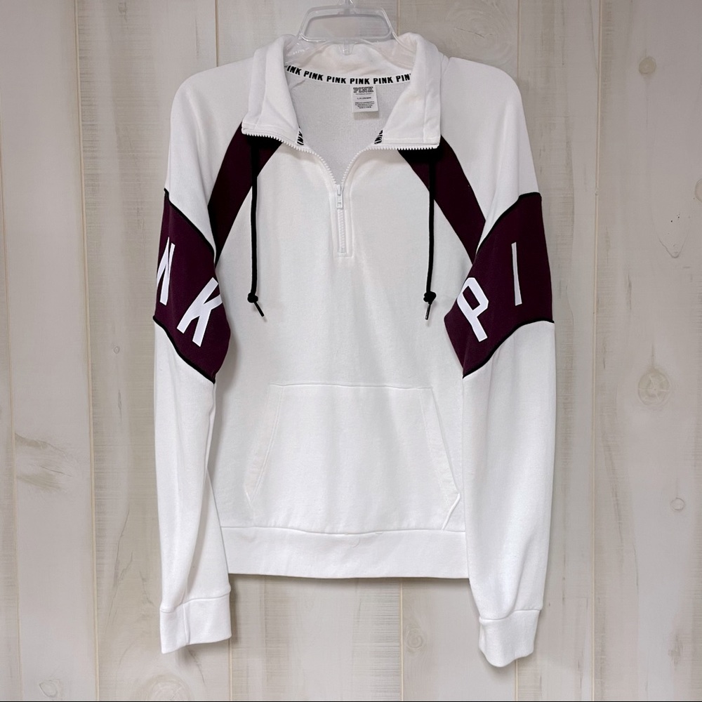 VS Pink Logo Maroon White 1/4 Zip Sweatshirt L - Picture 1 of 8